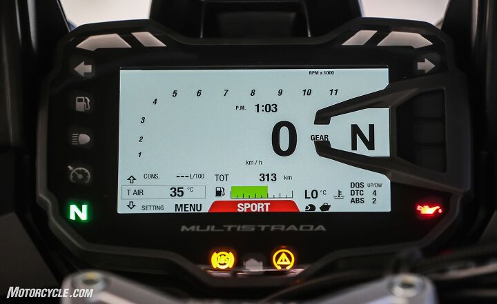2019 ducati multistrada 950 s review first ride, The bright 5 inch TFT display is where all the customization happens At this point the ride mode is Sport and preload is set to rider with luggage The DQS DTC and ABS settings are also displayed