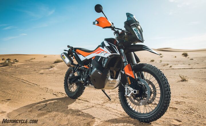 2019 ktm 790 adventure r first ride review, The 790 Adventure R models we tested were fitted with a handful of KTM Powerparts including the more durable tube type front rim carbon fuel tank skid plates Akrapovic muffler rally foot pegs and Quickshifter The standard models had cruise control as well as the Quickshifter fitted to them Cruise control is optional for both bikes