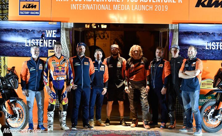 2019 ktm 790 adventure r first ride review, Racing legends and some of the folks responsible for the 790 Adventure and making this event possible From left to right Jordi Viladoms Dakar Factory team Manager Marc Coma five time Dakar champion Quinn Cody four time Baja 1000 champion and Dakar competitor Luke Brackenbury KTM PR Manager Toby Price two time Dakar champion Joe Pichler avid adventure rider who rode nearly 12 000 miles to the event on a 790 Adventure R Andreas Guehlsdorf KTM Project Manager for the 790 Adventure Chris Birch Hard enduro champion and Adriaan Sinke KTM Senior Product Manager