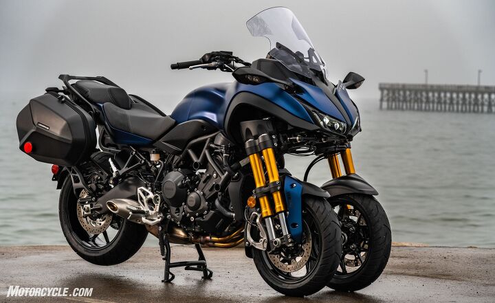 2019 yamaha niken gt review first ride, The 2019 Niken GT package includes comfort rider passenger seat taller windscreen heated grips centerstand passenger grab rail with ability to mount locking accessory top case quick release lockable saddlebags and an additional 12V power outlet