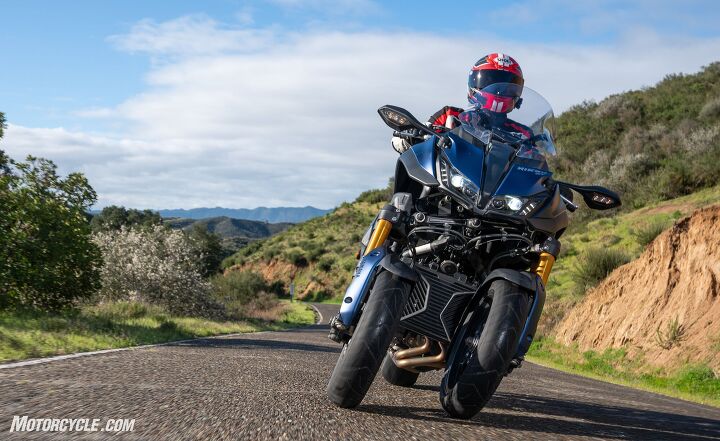 2019 yamaha niken gt review first ride, The Ackermann steering geometry in action You can see how the inside wheel is turned slightly more