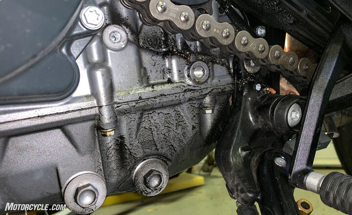 live with this 2019 ktm 790 duke long term review, Once I removed the countershaft cover it was plain to see that the oil coating the engine came from the countershaft seal and not excess chain lube