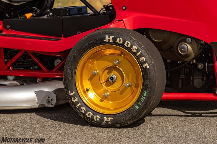 riding the cbr1000rr powered honda mean mower, Custom 10 inch Hoosier slicks put power to the ground Other things visible here are the CBR engine custom T45 steel chassis and the cutter deck This thing still has to cut grass after all