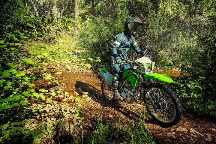 2020 kawasaki klx230 first look, The KLX230 has the same wheel sizes as the KLX250 with a tall 21 inch front wheel and an 18 inch rear wheel