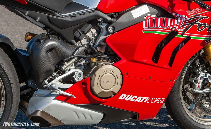 riding the ducati panigale v4r a mini review, You can t see much of the 998cc V4 engine here but note the gills on the fairing to help extract heat away from the engine