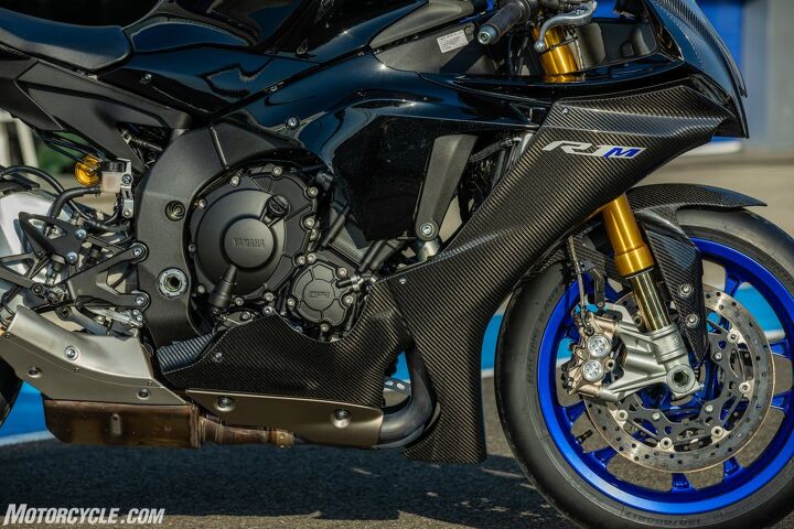 2020 yamaha yzf r1 review first ride, The hlins NPX fork is prominent here as is the carbon fiber fairing Note also the catalyzer placed slightly more forward than before