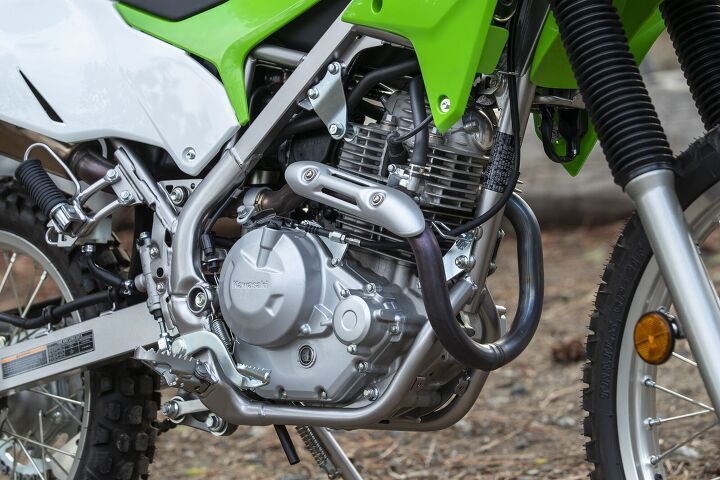 2020 kawasaki klx230 review first ride, The 233cc air cooled SOHC Single comes to live with the push of a button and a spray of FI