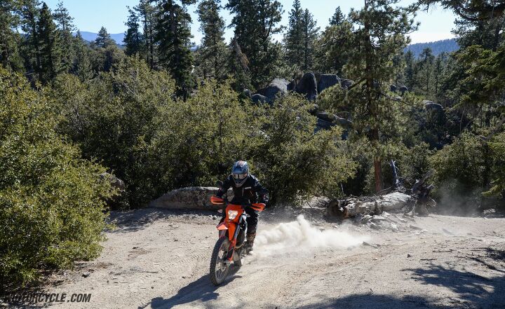 2019 ktm 690 enduro r review, In ride mode 2 traction control will keep things pretty conservatively reigned in Disable TC and the 690 s Single delivers torque that can be easily modulated to dial in wheel spin to ones wrist s content Photo by Kiyoji Whitener