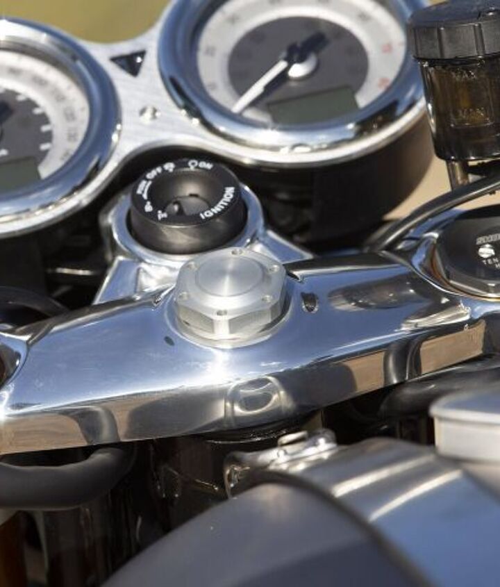 2020 triumph thruxton rs review first ride, A thing of beauty The RS s dual clocks polished triple tree Monza style fuel cap and brushed aluminum tank strap are a callback to British racing touches of a bygone era