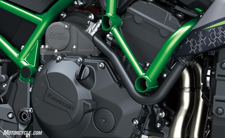 2020 kawasaki z h2 review first ride, The engine looks like any other big inline Four until you see the supercharger sprouting off the back of the cases