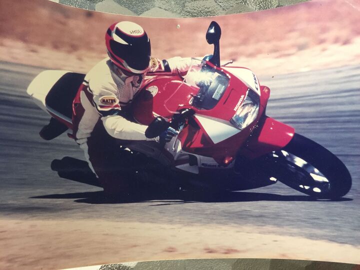 church of mo 1995 honda cbr600f3 introduction, What happened to all the photos Who cares Here s a curled up snapshot of me JB on an F2 I bet I rode it to Willow Springs then home again