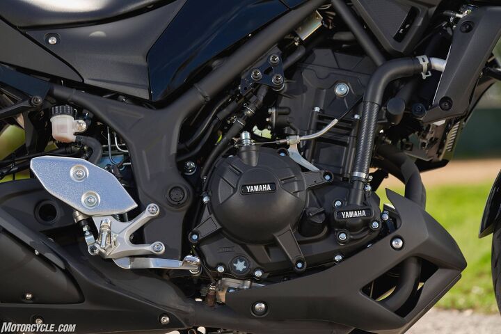 2020 yamaha mt 03 review first ride, That s 321 cc of DOHC 4 valve per cylinder 180 degree cranked parallel Twin The last R3 we dynoed said to use the same engine cranked out 35 3 horsepower at 10 800 rpm and 18 9 lb ft of torque at 9200 rpm