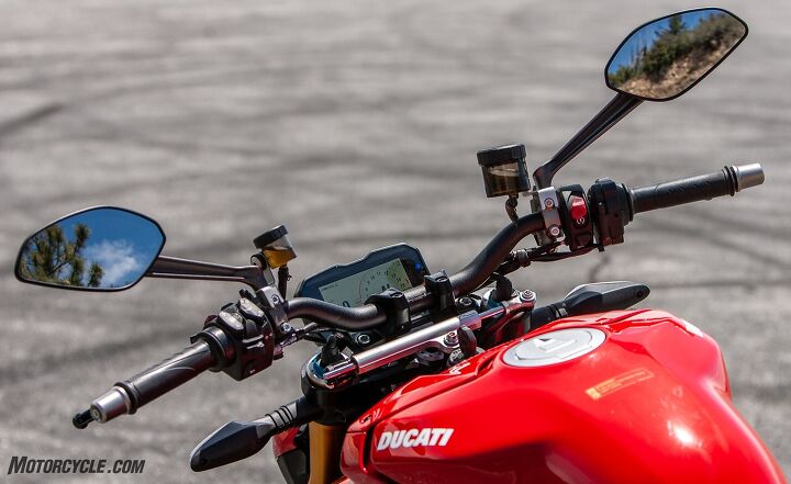 2020 ducati streetfighter v4s review first ride, The bars are wide but not too wide to give ample leverage View from the mirrors is decent though the adjustment range is limited and they don t fold in Note also the hlins steering damper on our S model