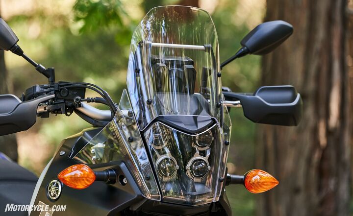 2021 yamaha tenere 700 review first ride, The four eyed headlight comes straight from Yamaha s rally bikes The windshield offers a good balance of protection and cooling breeze