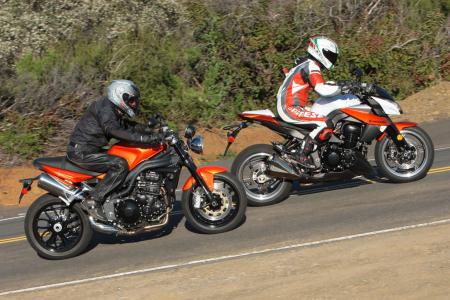 church of mo 2010 streetfighter shootout kawasaki z1000 vs triumph speed triple, Both bikes have perfectly livable ergonomics The Z1000 s handlebar is less of a reach