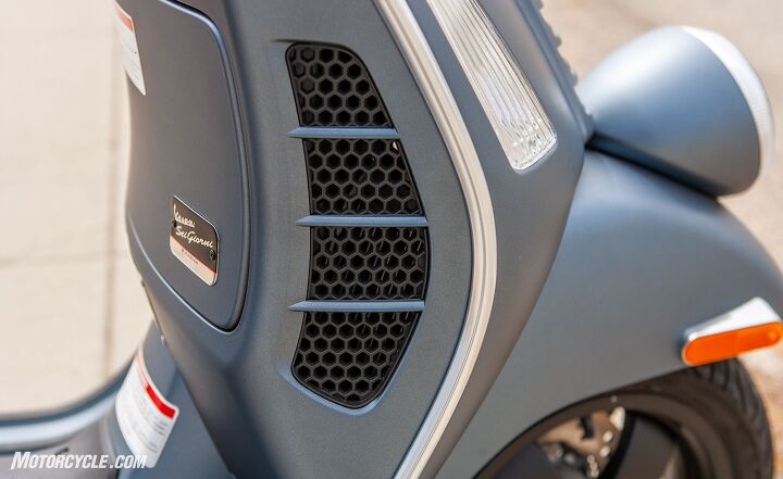 2020 vespa gts 300 review, The radiator and fan are tucked neatly into the GTS 300 s shield