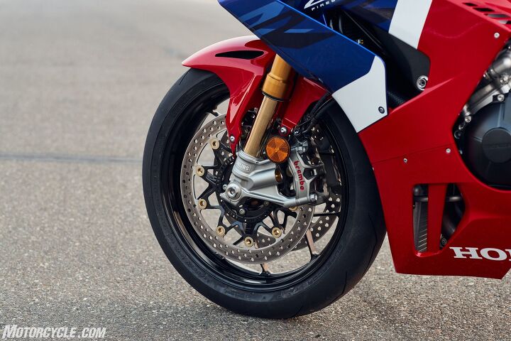 2021 honda cbr1000rr r fireblade sp review first ride, The new CBR steps up to the plate in the braking department with 330 mm discs and Brembo Stylema calipers Oddly though it still uses rubber lines