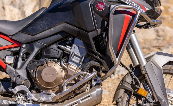 2020 honda africa twin off road test quick take, A little extra engine protection is never a bad thing Honda fitted our Africa Twin with its engine guards enduro footpegs and a light bar Honda won t call the upper bars guards because they aren t stout enough