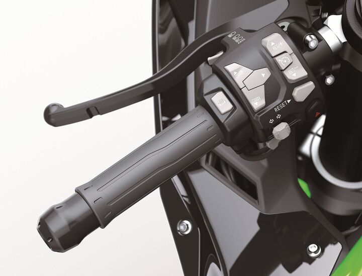 2021 kawasaki ninja zx 10r and zx 10rr a detailed first look, There s lots to be excited about on the left bar including buttons to switch the ride modes on the fly optional heated grips and cruise control