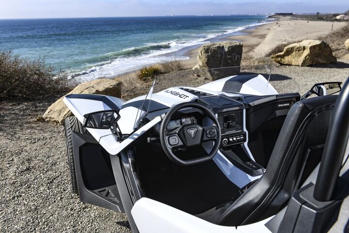 2021 polaris slingshot first ride review, Base model S in white lounging on beach