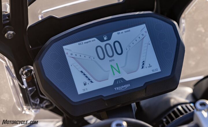 2021 triumph tiger 850 sport review first ride, The 5 inch display gets the job done and offers four different graphic layouts and things all of them slightly weird Most of the numbers are just small enough to make you squint to read them Your two modes are Rain and Road