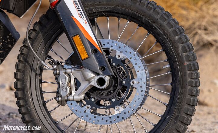 2021 middleweight adventure bike spec shootout, There s a lot to like from the KTM s front end like the WP suspension 320mm brakes radial brakes and 21 inch wheel