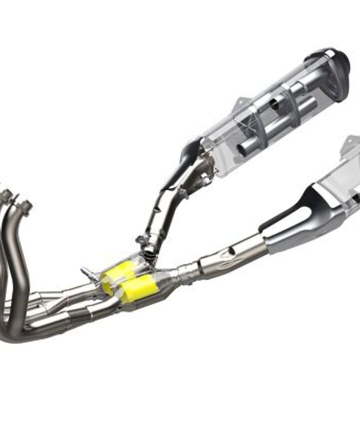 2022 suzuki hayabusa first look, The new lighter exhaust system with its dual stage catalysts yellow