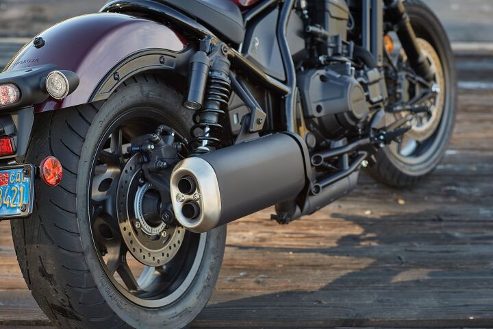 2021 honda rebel 1100 dct first ride review, The business end of this cruiser means business and lets loose with a healthy honk and a claimed 72 ft lbs at just 4750 rpm