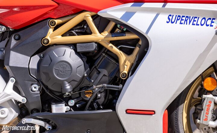 2020 mv agusta superveloce review, Underneath the Superveloce clothing lies a similar 798cc three cylinder engine you ll find in the F3 800 Gold trellis frame is also similar and similarly good looking