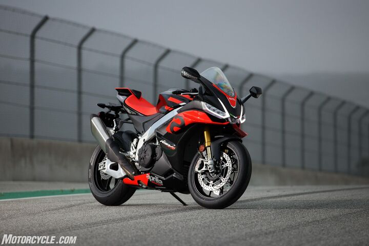 2021 aprilia rsv4 and rsv4 factory review first ride, The RSV4 Factory is distinguishable by its hlins electronic suspension forged wheels and one of its two available colors Lava Red or Aprilia Black seen here