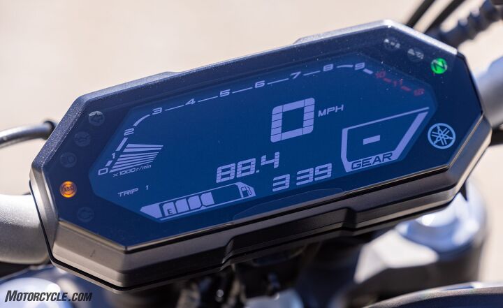 2021 yamaha mt 07 review, The new LCD gauge display is inverted from the previous model with a black background and white lettering The tachometer speedo fuel gauge and gear position are easy to see at a glance