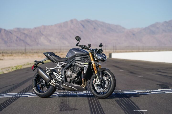 2022 triumph speed triple 1200 rs review first ride, Gone are the twin high pipes of old replaced by a new single low slung muffler Don t worry it still sounds as great as ever