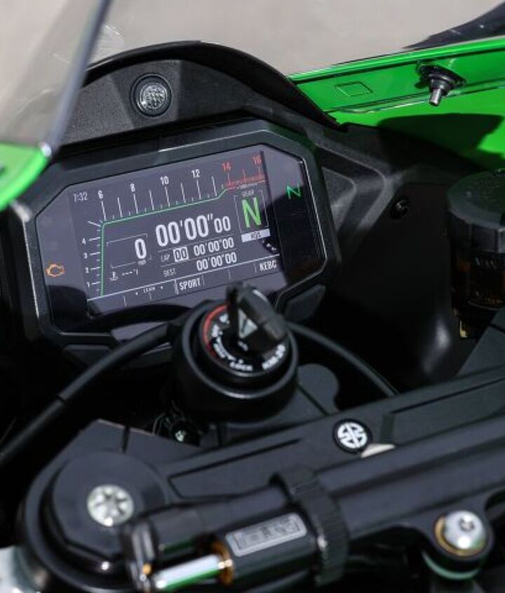 2021 kawasaki zx 10r review first ride, The 4 3 inch TFT display seen here in its race configuration is bright and colorful albeit a little busy