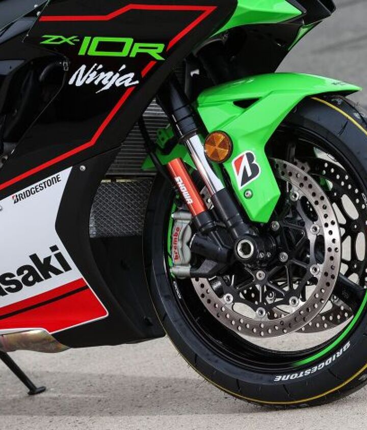 2021 kawasaki zx 10r review first ride, The Showa Balance Free Fork returns this time with some slight tweaks inside Here you can also see the 330mm rotors Brembo M50 calipers and wait for it rubber lines