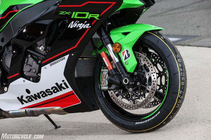 2021 kawasaki zx 10r review first ride, The Showa Balance Free Fork returns this time with some slight tweaks inside Here you can also see the 330mm rotors Brembo M50 calipers and wait for it rubber lines