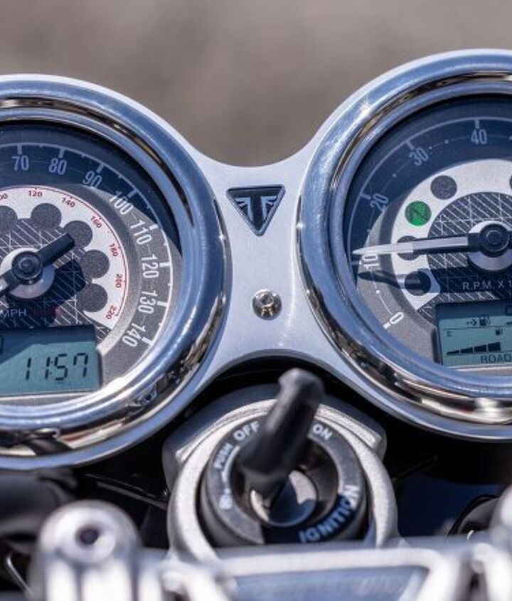 2022 triumph speed twin review, The usual info is available in the LCD windows much of it too small to read at speed but none of it s all that important anyway except the gas gauge Triumph claims 46 mpg we averaged 40 but our bike had 0 miles on it when we picked it up