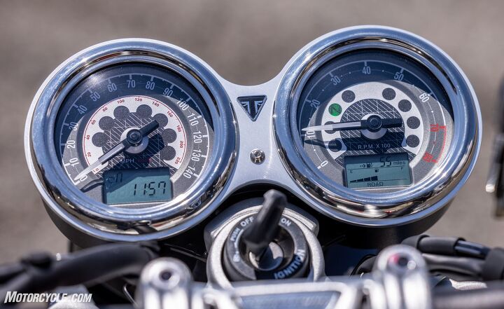 2022 triumph speed twin review, The usual info is available in the LCD windows much of it too small to read at speed but none of it s all that important anyway except the gas gauge Triumph claims 46 mpg we averaged 40 but our bike had 0 miles on it when we picked it up