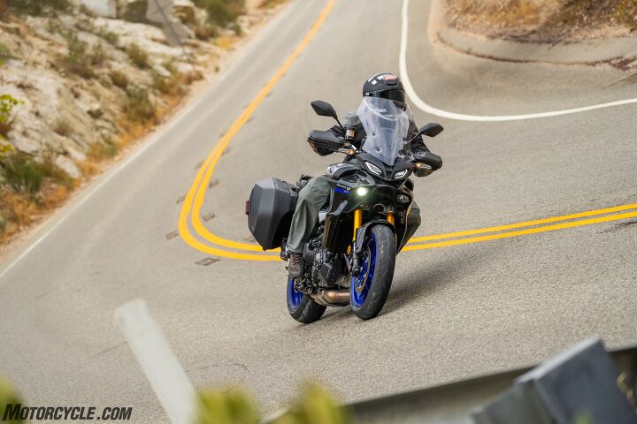 2021 yamaha tracer 9 gt review first ride, More surprising was how well the A 2 mode worked even when riding um briskly in the canyons The A 1 mode which is supposed to thrive in these conditions became overly stiff and unpleasant