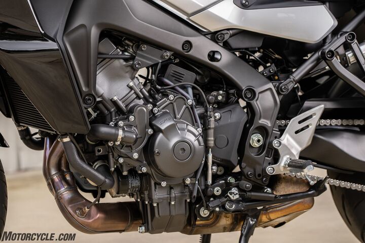 2021 yamaha tracer 9 gt review first ride, Now sporting 890cc compared to the previous 847cc the latest iteration of the CP3 three cylinder engine from Yamaha is one of our favorites Note the auto up down quickshifter