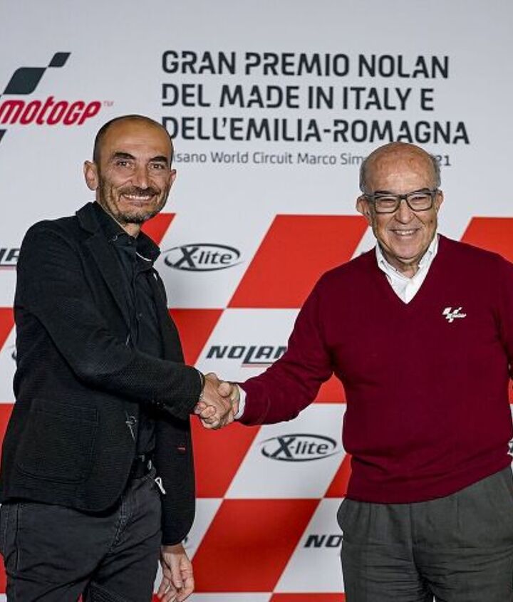 ducati will power the all electric motoe world cup starting in 2023, Ducati CEO Claudio Domenicali left and Carmelo Ezpeleta Dorna Sports CEO