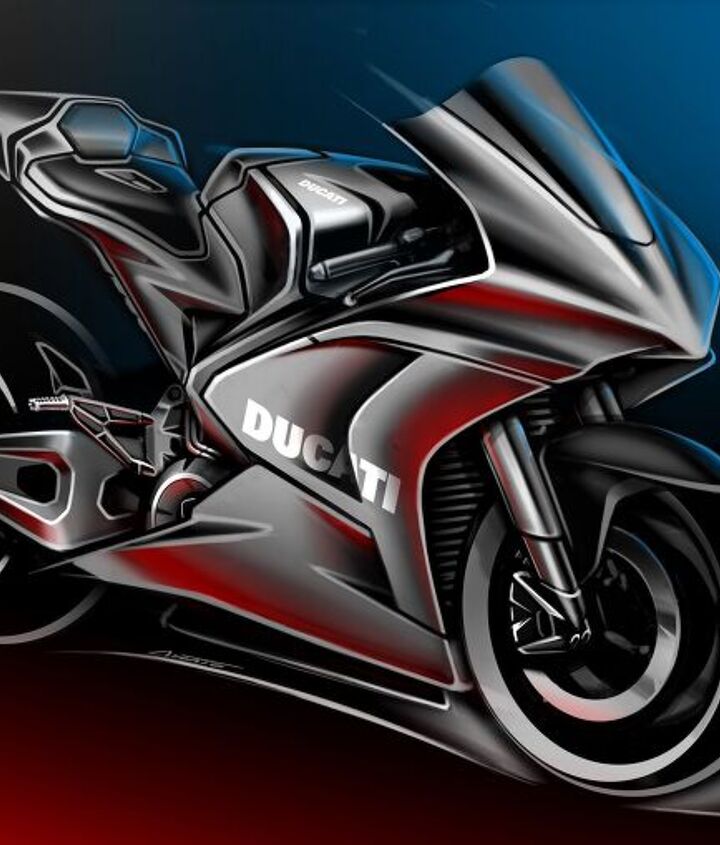 ducati will power the all electric motoe world cup starting in 2023, This sketch is all we know so far of Ducati s MotoE racer Maybe the biggest surprise is seeing a double sided swingarm though it s still early days and we don t know what the final product will be