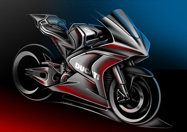 ducati will power the all electric motoe world cup starting in 2023, This sketch is all we know so far of Ducati s MotoE racer Maybe the biggest surprise is seeing a double sided swingarm though it s still early days and we don t know what the final product will be