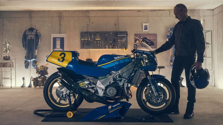 2022 yamaha xsr900 announced for europe, Yamaha s press kit included photos of Christian Sarron and his Grand Prix racer with its fairing removed to show the inspiration for the new XSR900