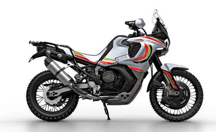 2022 mv agusta lucky explorer project 9 5 first look, The circular stripes and the round opening on the bodywork call to mind the Cagiva Elefant Dakar racer s Lucky Explorer logo