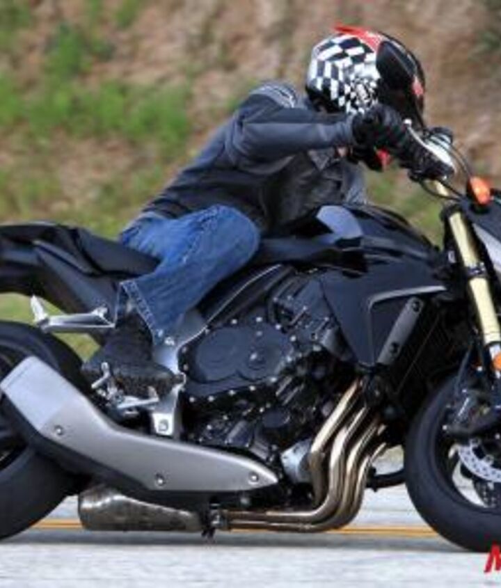 church of mo 2011 honda cb1000r review, We re impressed by the Honda s supremely agile handling which is at least partly due to the 180 55 17 rear tire Note also the single sided swingarm