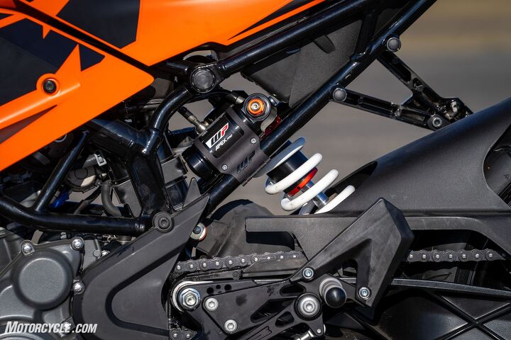 2022 ktm rc390 review first ride, A linkage less WP Apex shock allows for preload and rebound adjustment