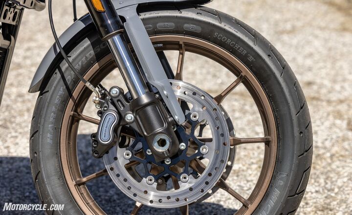 2022 harley davidson low rider st review, Although they don t look like anything more than your typical Harley fare the Brembo produced brakes offer plenty of power to haul the Low Rider ST down from the speeds that the engine encourages you to generate