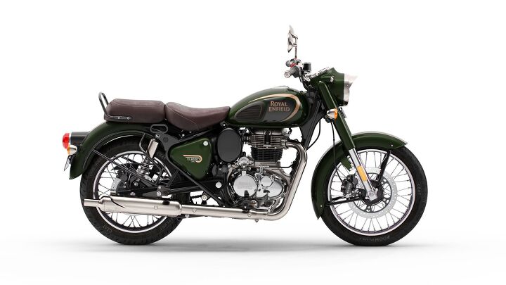 2022 royal enfield classic 350 review first ride, RE tells us Later this season look for the release of the Halcyon collection pictured in Halcyon Forest Green styled after the original 1950 s British roadsters Halcyon Forest Green Halcyon Black and Halcyon Blue will be available for 4499 The Chrome Red and Chrome Brown models featuring a mirror finish and special badging will also be arriving later in 2022 and will be available for 4699