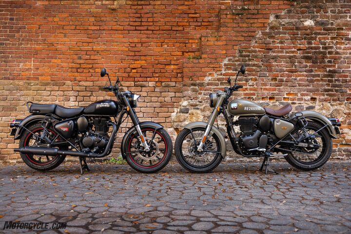2022 royal enfield classic 350 review first ride, The Dark series available in Stealth Black pictured and Gunmetal Grey come with cast wheels and tubeless CEAT tires The other seven colorways including the Signals series pictured in Marsh Grey are equipped with spoked wheels that require tubes