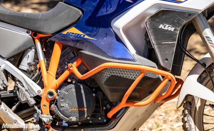2022 ktm 1290 super adventure r review, A bit of protection from the factory can be found in the side crash bars and skid plate